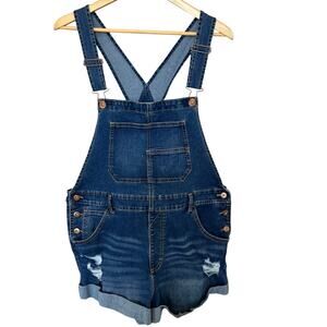 No Boundaries Short Bib Overalls Size XL 15/17 Blue Jean Distressed Denim